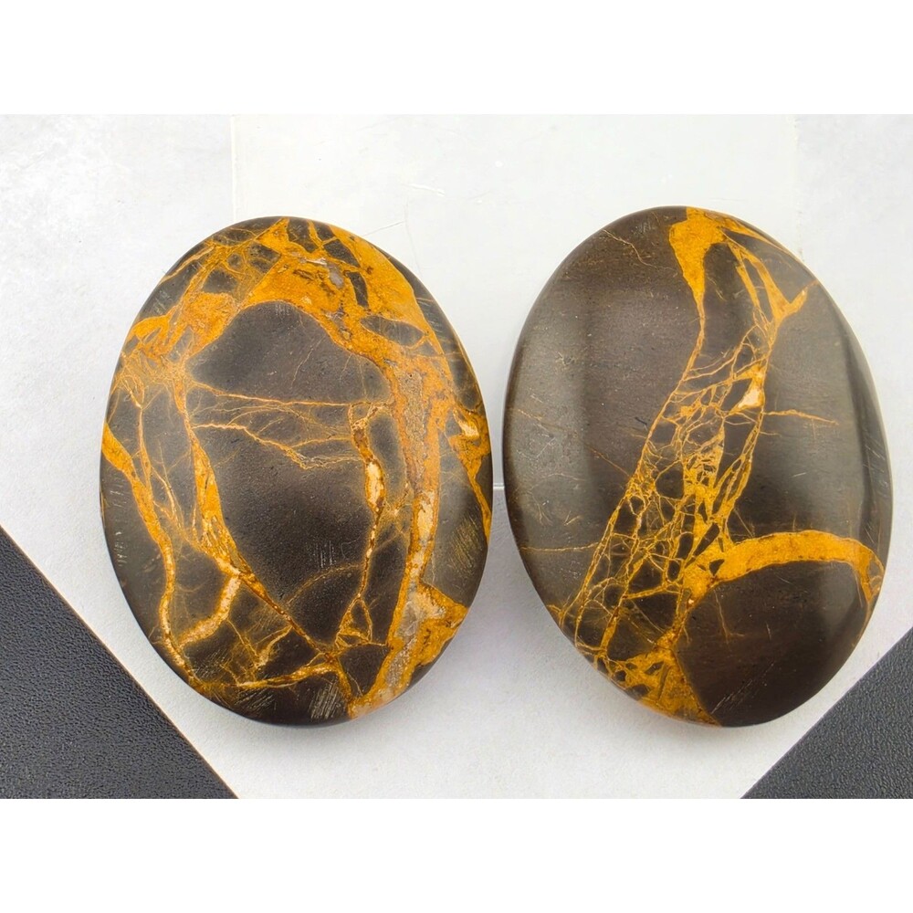 Vintage Brown Black Veined Jasper Oval Polished Stone Egg Clip Earrings 1.5"